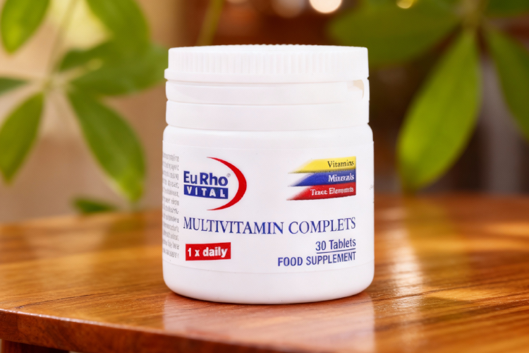 قرص مولتی ویتامین کامپلیت یوروویتال در محیط طبیعی با پس‌ زمینه سبز